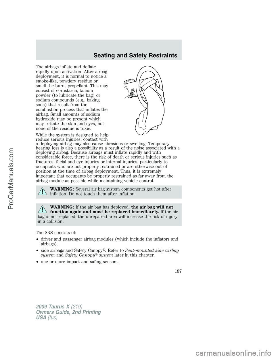 FORD FREESTYLE 2009  Owners Manual The airbags inflate and deflate
rapidly upon activation. After airbag
deployment, it is normal to notice a
smoke-like, powdery residue or
smell the burnt propellant. This may
consist of cornstarch, ta