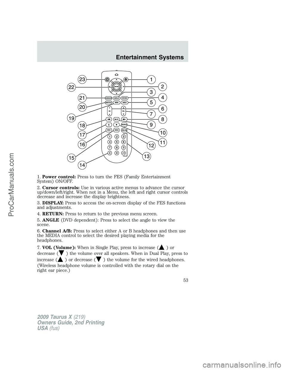 FORD FREESTYLE 2009 Owners Manual 1.Power control:Press to turn the FES (Family Entertainment
System) ON/OFF.
2.Cursor controls:Use in various active menus to advance the cursor
up/down/left/right. When not in a Menu, the left and rig FORD FREESTYLE 2009 Owners Manual 1.Power control:Press to turn the FES (Family Entertainment
System) ON/OFF.
2.Cursor controls:Use in various active menus to advance the cursor
up/down/left/right. When not in a Menu, the left and rig