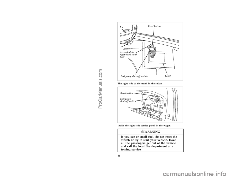 FORD TAURUS 1996  Owners Manual 66 [ST11600(ALL)11/94]
half page art:0000399-EThe right side of the trunk in the sedan
[ST11700(ALL)11/94]
one third page art:0000516-E
Inside the right side service panel in the wagon
*
[ST11800(ALL)