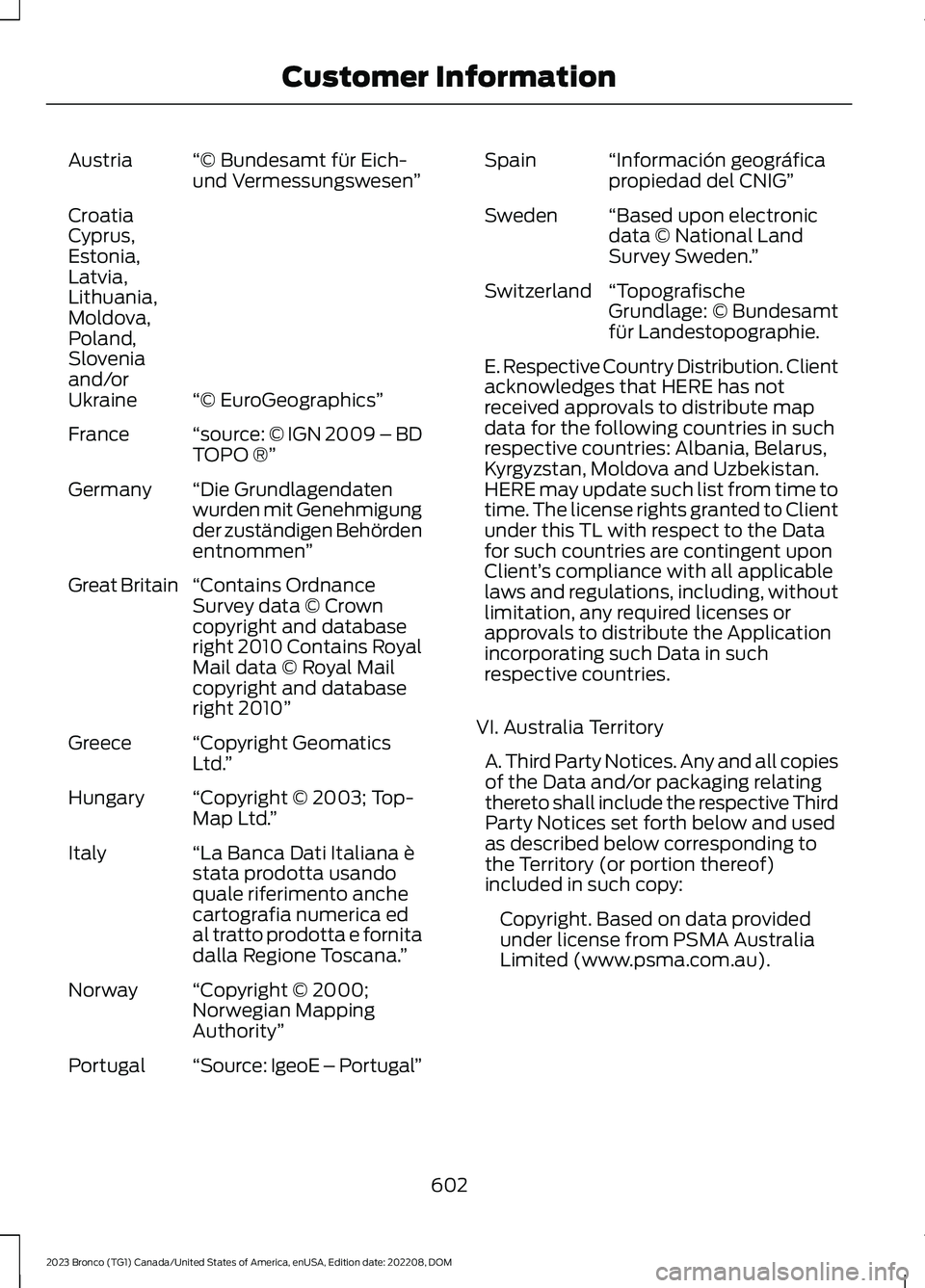 FORD BRONCO 2023  Owners Manual “© Bundesamt für Eich-und Vermessungswesen”Austria
“© EuroGeographics”
CroatiaCyprus,Estonia,Latvia,Lithuania,Moldova,Poland,Sloveniaand/orUkraine
“source: © IGN 2009 – BDTOPO ®”Fra