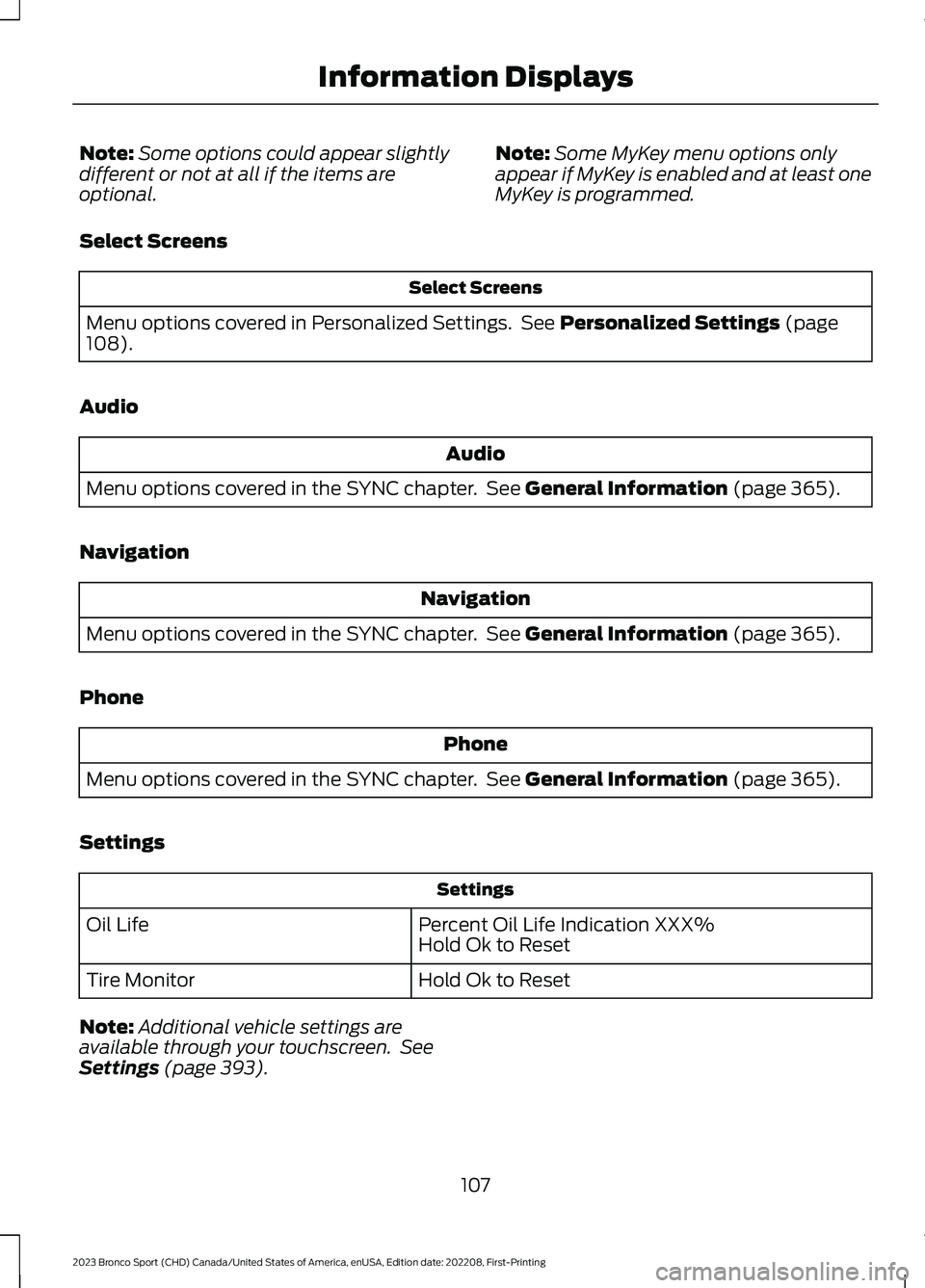 FORD BRONCO SPORT 2023  Owners Manual Note:Some options could appear slightlydifferent or not at all if the items areoptional.
Note:Some MyKey menu options onlyappear if MyKey is enabled and at least oneMyKey is programmed.
Select Screens