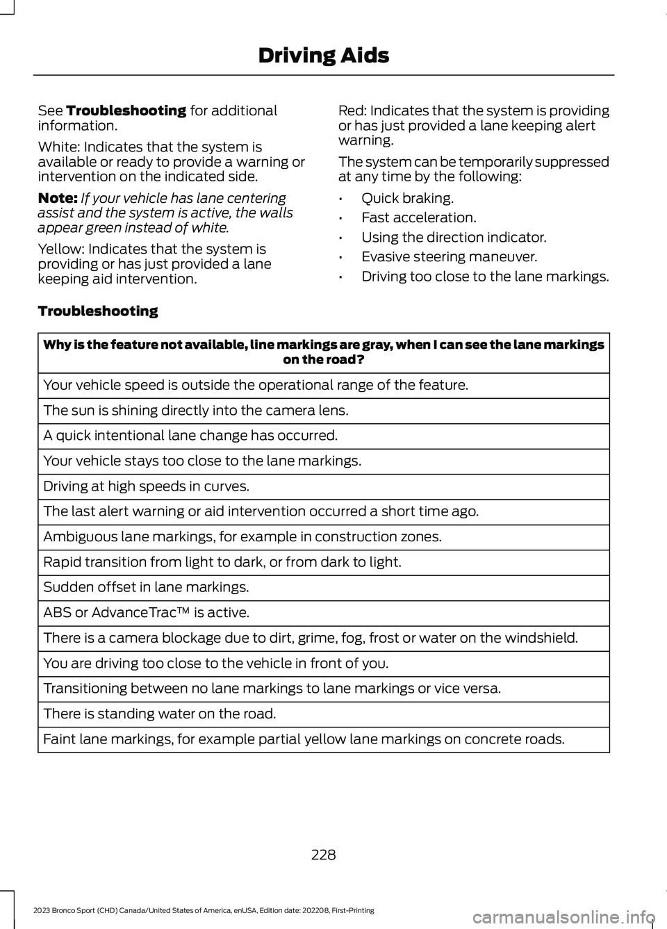 FORD BRONCO SPORT 2023 Owners Manual See Troubleshooting for additionalinformation.
White: Indicates that the system isavailable or ready to provide a warning orintervention on the indicated side.
Note:If your vehicle has lane centeringa FORD BRONCO SPORT 2023 Owners Manual See Troubleshooting for additionalinformation.
White: Indicates that the system isavailable or ready to provide a warning orintervention on the indicated side.
Note:If your vehicle has lane centeringa
