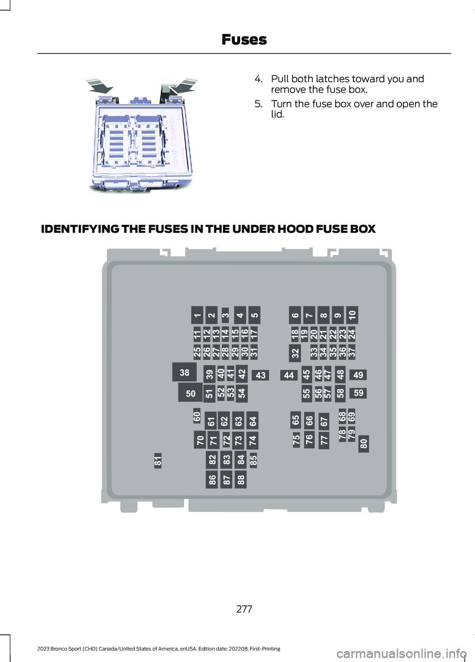 FORD BRONCO SPORT 2023  Owners Manual 4.Pull both latches toward you andremove the fuse box.
5.Turn the fuse box over and open thelid.
IDENTIFYING THE FUSES IN THE UNDER HOOD FUSE BOX
277
2023 Bronco Sport (CHD) Canada/United States of Am