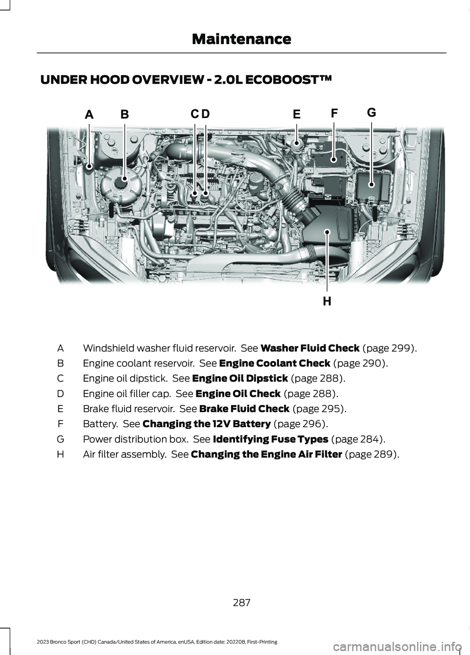 FORD BRONCO SPORT 2023  Owners Manual UNDER HOOD OVERVIEW - 2.0L ECOBOOST™
Windshield washer fluid reservoir. See Washer Fluid Check (page 299).A
Engine coolant reservoir. See Engine Coolant Check (page 290).B
Engine oil dipstick. See E