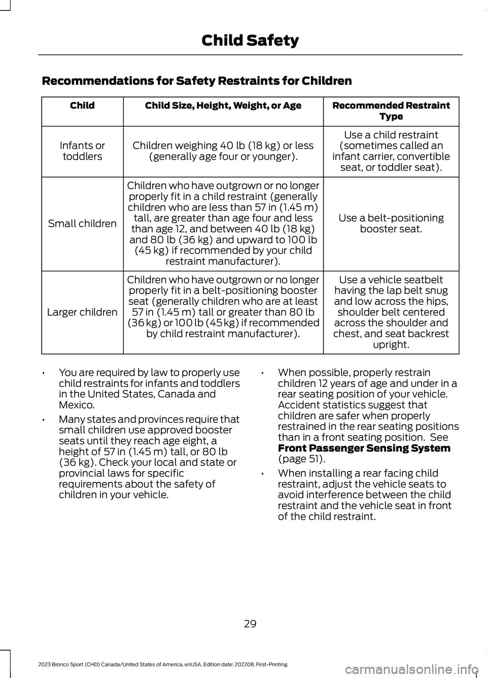 FORD BRONCO SPORT 2023 Owners Manual Recommendations for Safety Restraints for Children
Recommended RestraintTypeChild Size, Height, Weight, or AgeChild
Use a child restraint(sometimes called aninfant carrier, convertibleseat, or toddler FORD BRONCO SPORT 2023 Owners Manual Recommendations for Safety Restraints for Children
Recommended RestraintTypeChild Size, Height, Weight, or AgeChild
Use a child restraint(sometimes called aninfant carrier, convertibleseat, or toddler