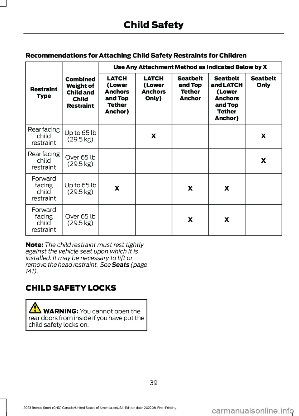 FORD BRONCO SPORT 2023  Owners Manual Recommendations for Attaching Child Safety Restraints for Children
Use Any Attachment Method as Indicated Below by X
CombinedWeight ofChild andChildRestraint
RestraintType
SeatbeltOnlySeatbeltand LATC