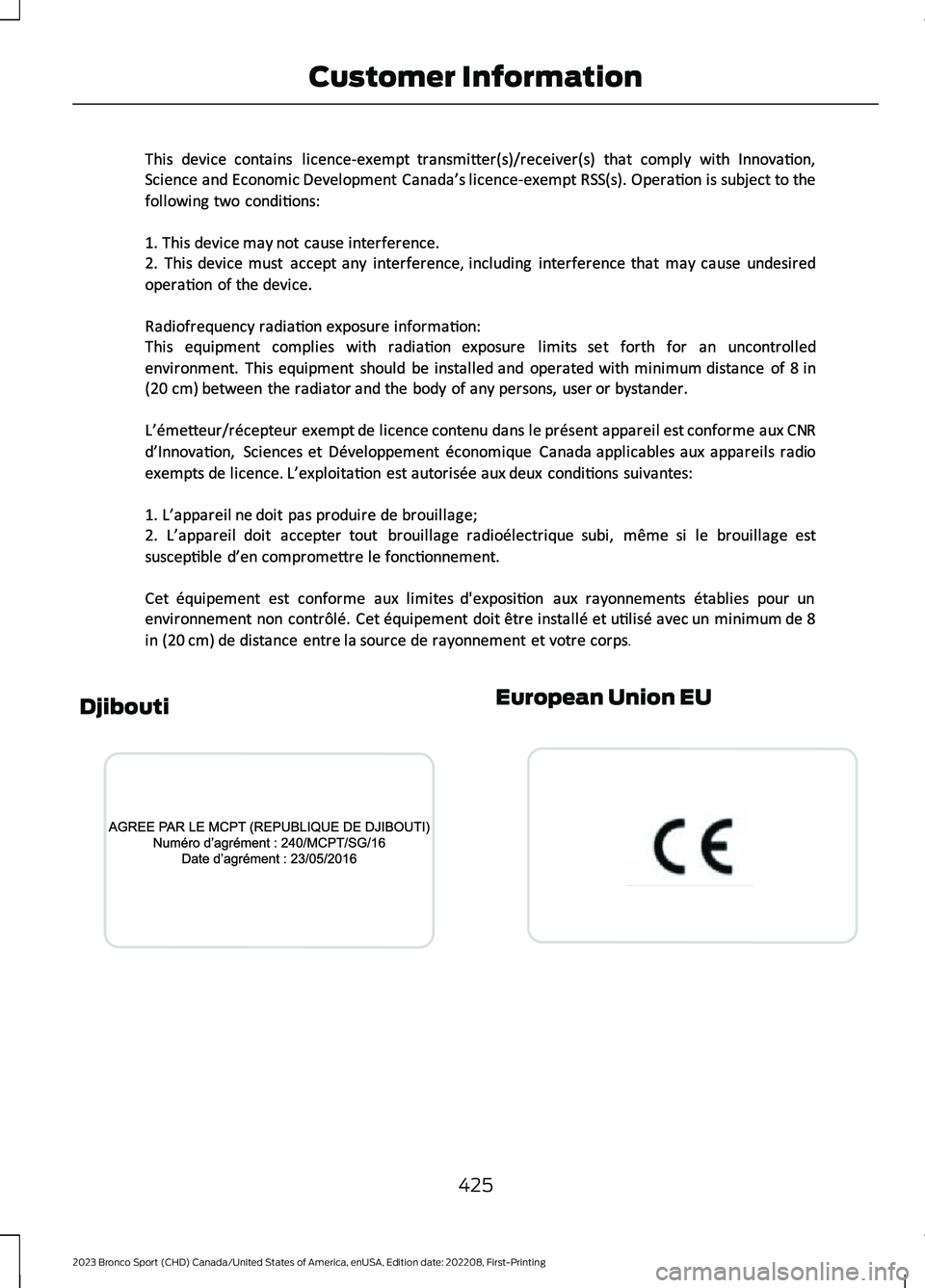 FORD BRONCO SPORT 2023  Owners Manual DjiboutiEuropean Union EU
425
2023 Bronco Sport (CHD) Canada/United States of America, enUSA, Edition date: 202208, First-PrintingCustomer InformationE351800  E340826  E310043   