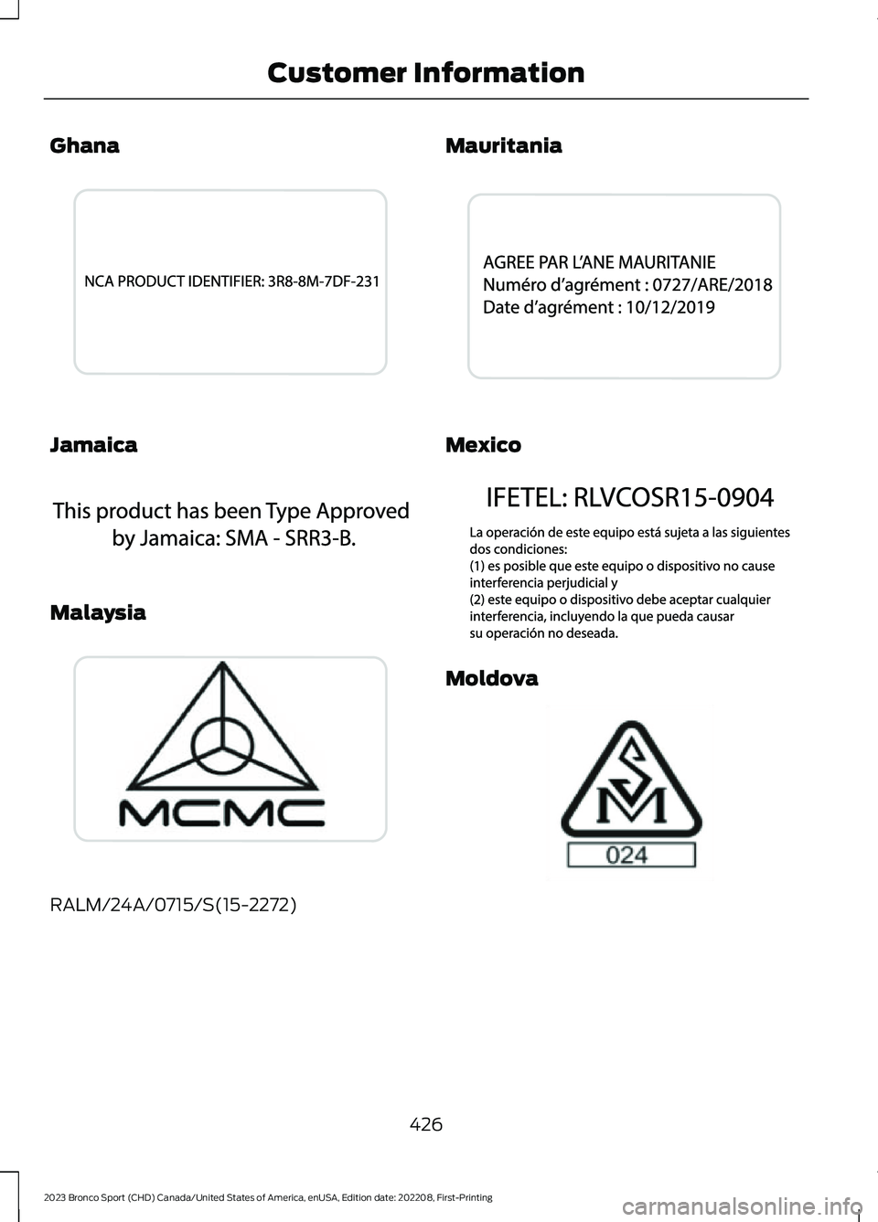 FORD BRONCO SPORT 2023  Owners Manual Ghana
Jamaica
Malaysia
RALM/24A/0715/S(15-2272)
Mauritania
Mexico
Moldova
426
2023 Bronco Sport (CHD) Canada/United States of America, enUSA, Edition date: 202208, First-PrintingCustomer InformationE2