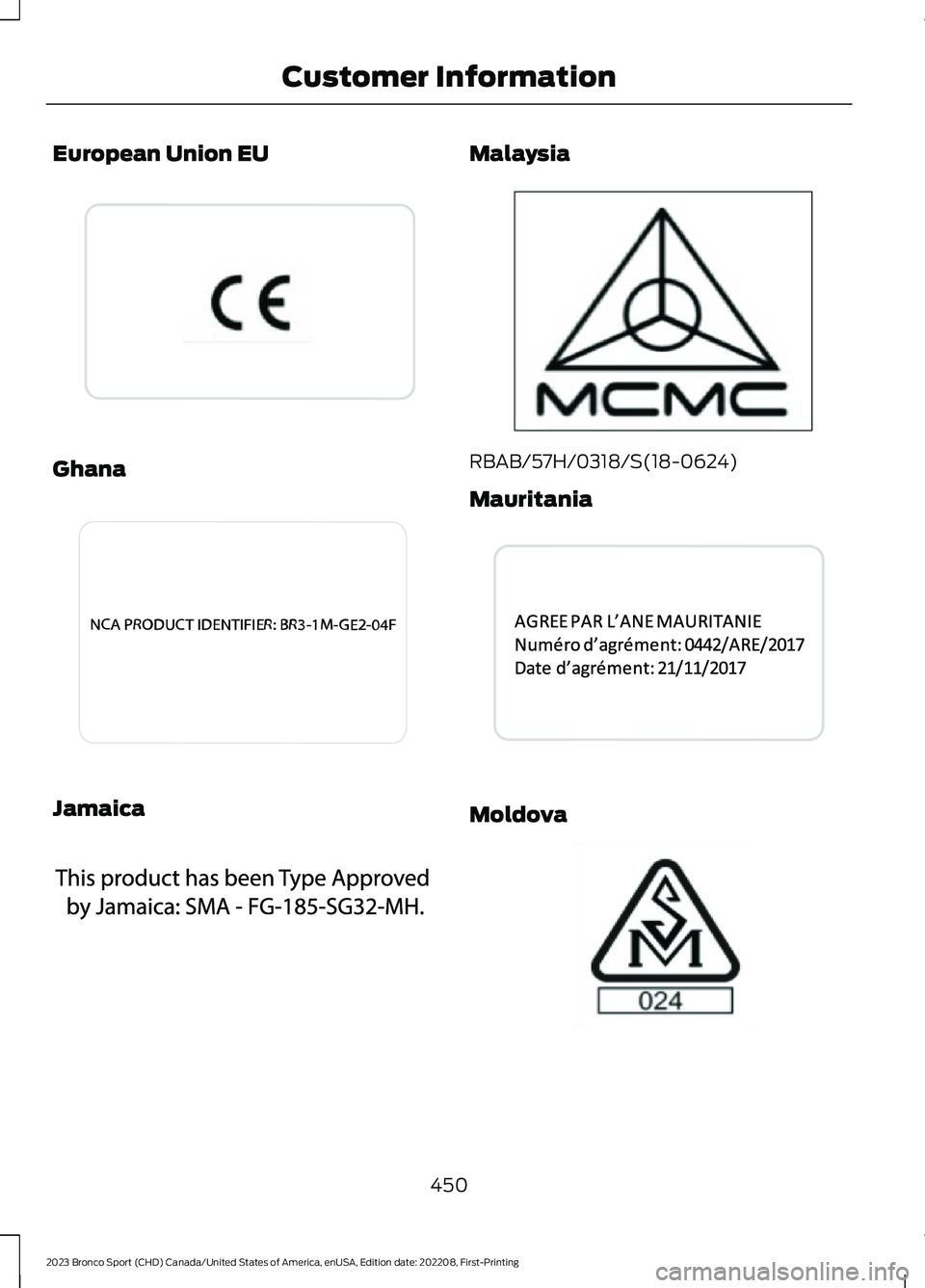 FORD BRONCO SPORT 2023  Owners Manual European Union EU
Ghana
Jamaica
Malaysia
RBAB/57H/0318/S(18-0624)
Mauritania
Moldova
450
2023 Bronco Sport (CHD) Canada/United States of America, enUSA, Edition date: 202208, First-PrintingCustomer In