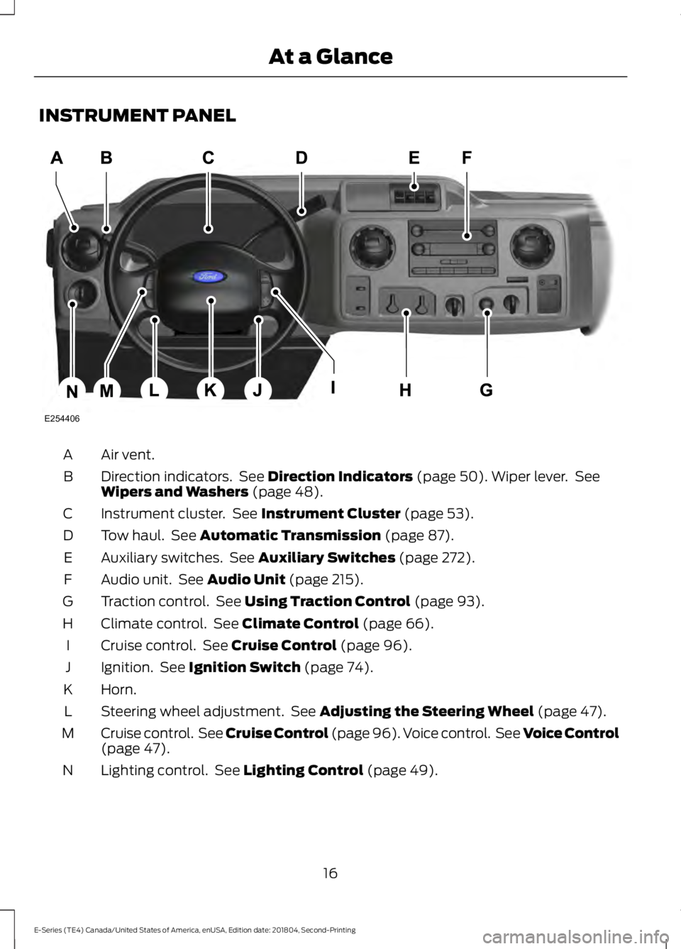 FORD E SERIES 2019  Owners Manual INSTRUMENT PANEL
Air vent.A
Direction indicators.  See Direction Indicators (page 50). Wiper lever.  SeeWipers and Washers (page 48).B
Instrument cluster.  See Instrument Cluster (page 53).C
Tow haul.