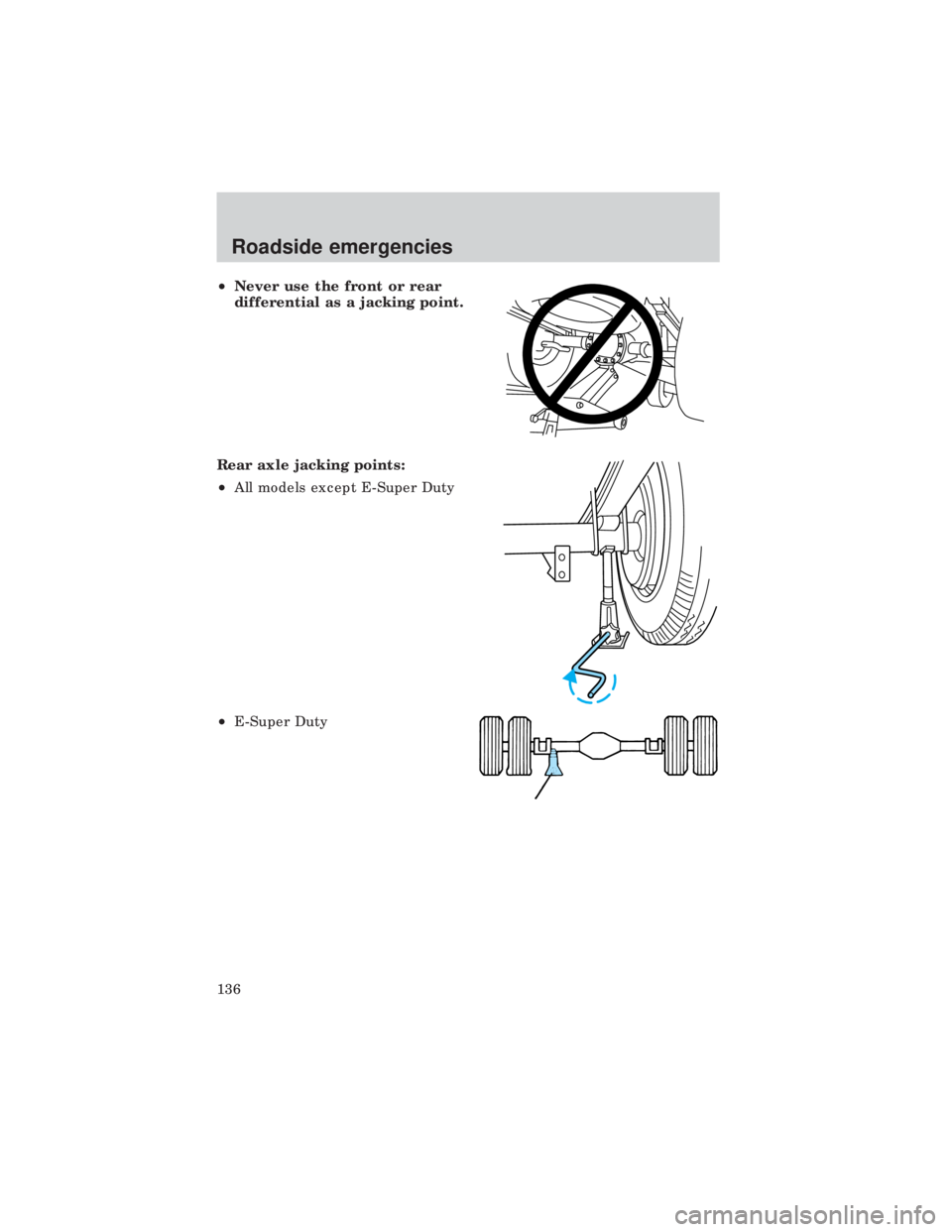 FORD E150 1999  Owners Manual ²Never use the front or rear
differential as a jacking point.
Rear axle jacking points:
²All models except E-Super Duty
²E-Super Duty
Roadside emergencies
136 