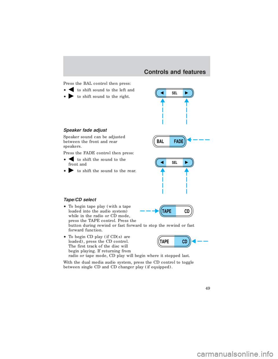 FORD E150 1999  Owners Manual Press the BAL control then press:
²
to shift sound to the left and
²
to shift sound to the right.
Speaker fade adjust
Speaker sound can be adjusted
between the front and rear
speakers.
Press the FAD