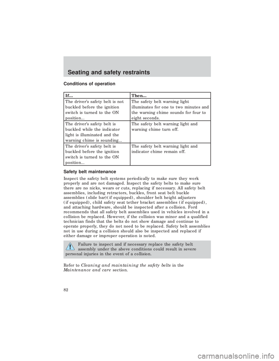 FORD E150 1999  Owners Manual Conditions of operation
If... Then...
The drivers safety belt is not
buckled before the ignition
switch is turned to the ON
position...The safety belt warning light
illuminates for one to two minutes
