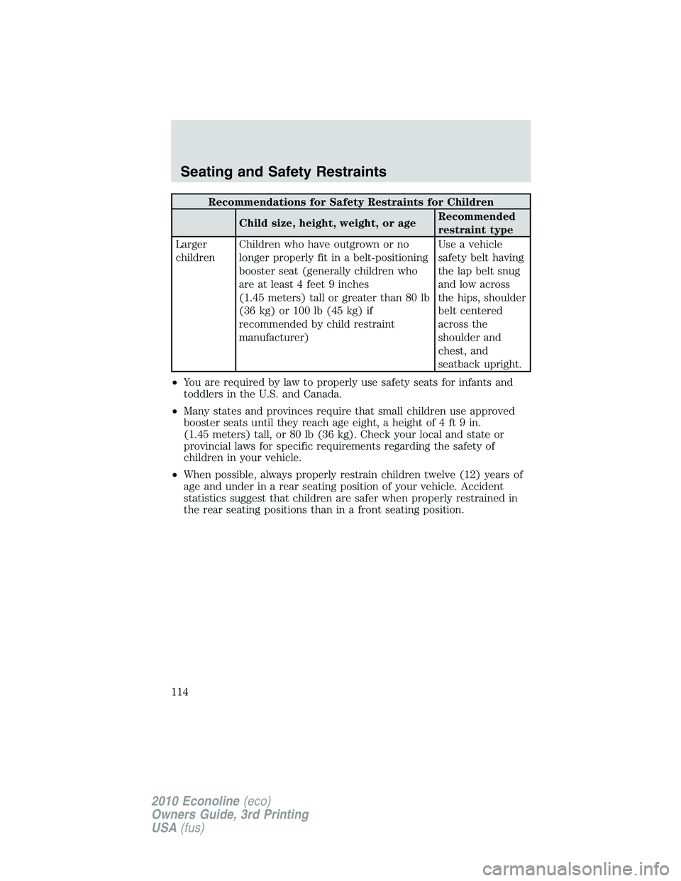 FORD E150 2010  Owners Manual Recommendations for Safety Restraints for Children
Child size, height, weight, or ageRecommended
restraint type
Larger
childrenChildren who have outgrown or no
longer properly fit in a belt-positionin