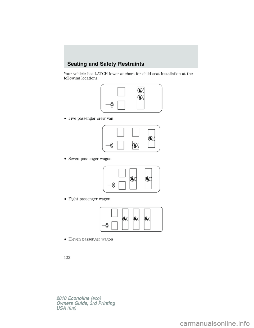 FORD E150 2010  Owners Manual Your vehicle has LATCH lower anchors for child seat installation at the
following locations:
•Five passenger crew van
•Seven passenger wagon
•Eight passenger wagon
•Eleven passenger wagon
Seat