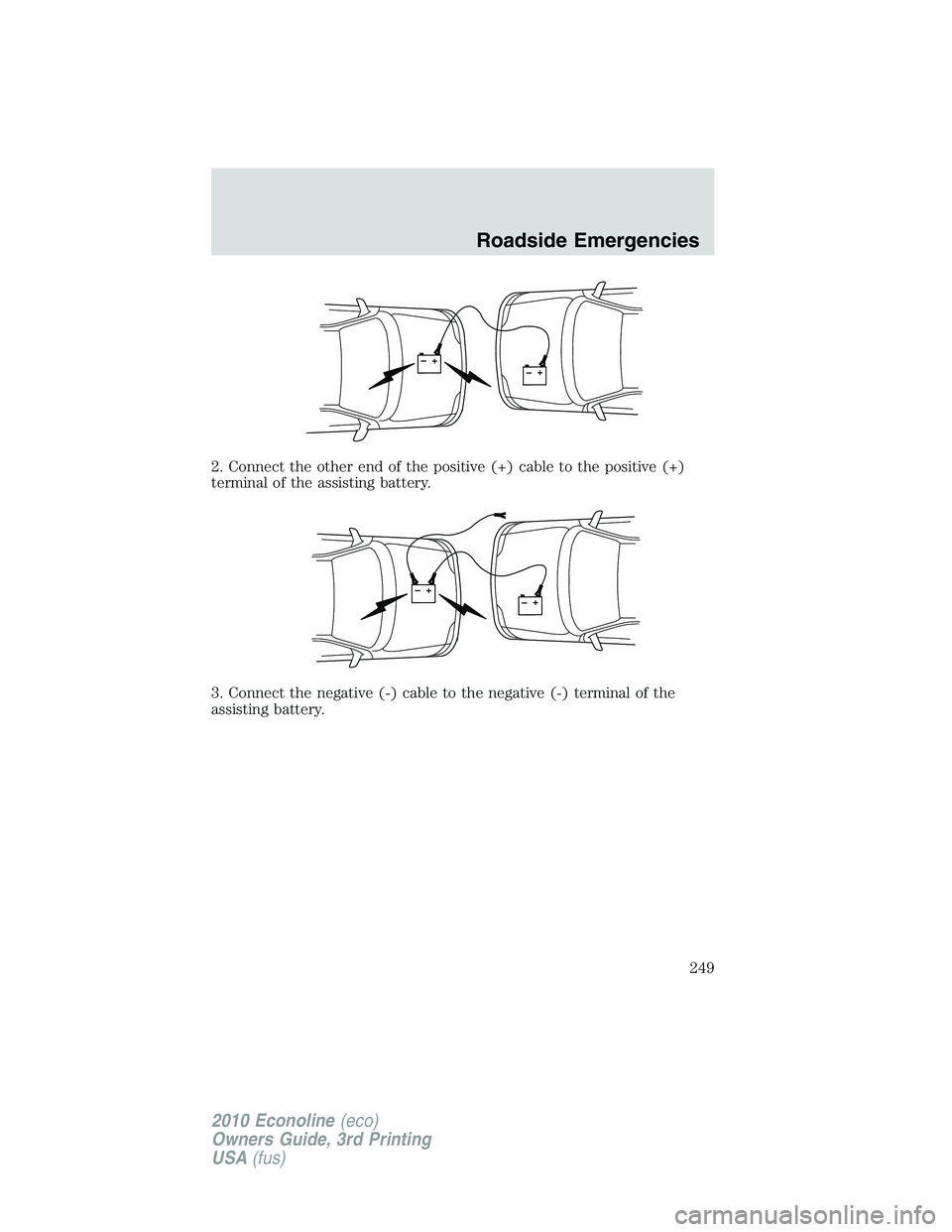 FORD E150 2010  Owners Manual 2. Connect the other end of the positive (+) cable to the positive (+)
terminal of the assisting battery.
3. Connect the negative (-) cable to the negative (-) terminal of the
assisting battery.
+–+