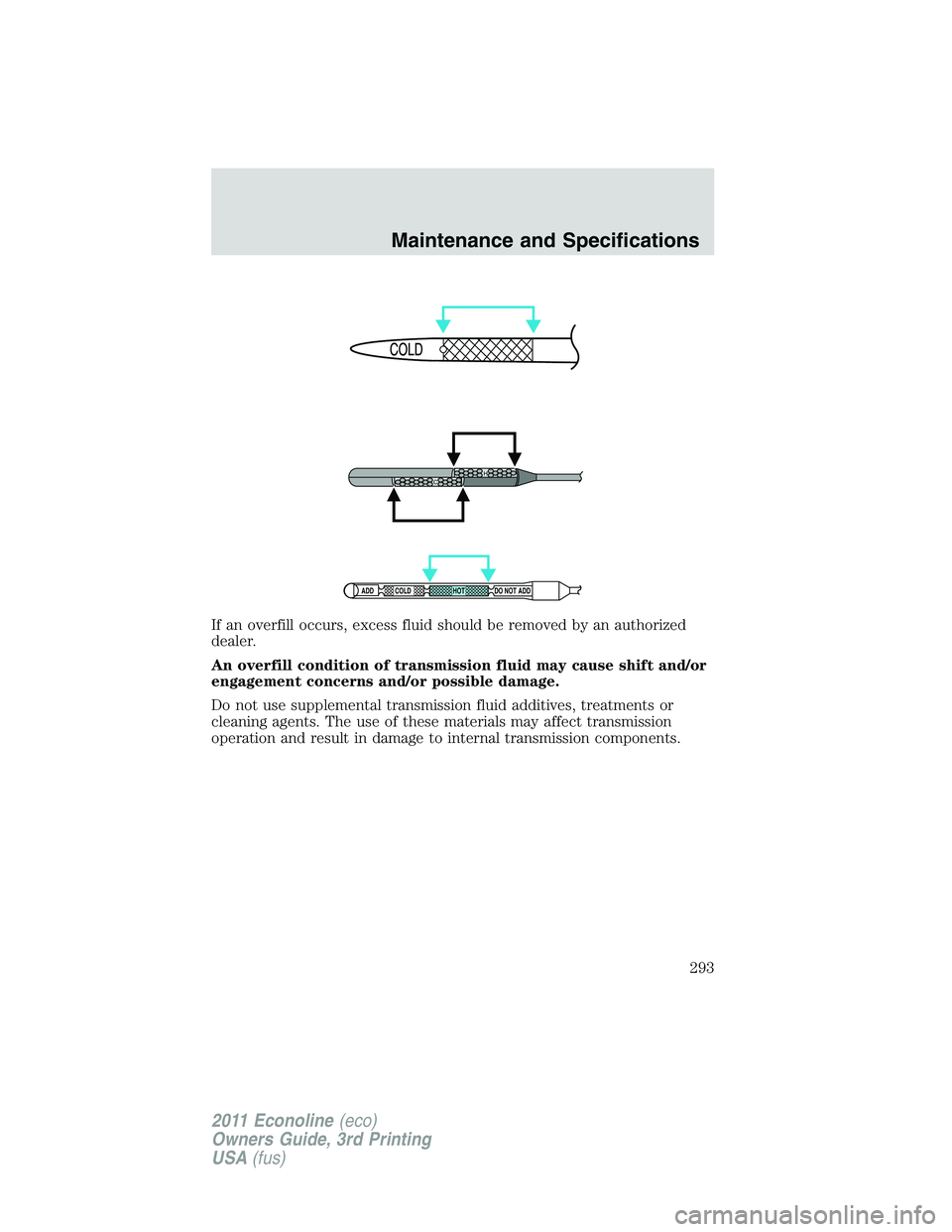 FORD E150 2011  Owners Manual If an overfill occurs, excess fluid should be removed by an authorized
dealer.
An overfill condition of transmission fluid may cause shift and/or
engagement concerns and/or possible damage.
Do not use