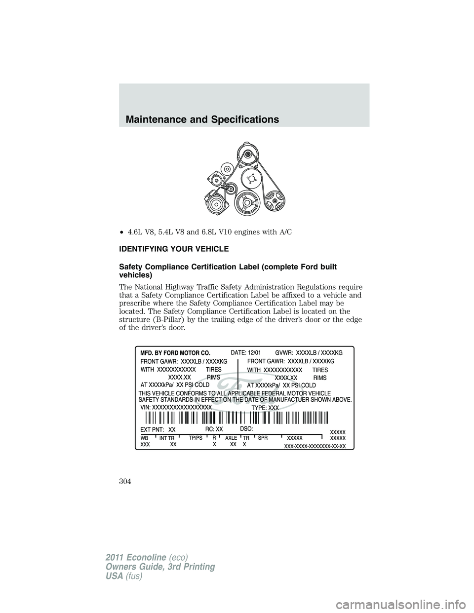 FORD E150 2011  Owners Manual •4.6L V8, 5.4L V8 and 6.8L V10 engines with A/C
IDENTIFYING YOUR VEHICLE
Safety Compliance Certification Label (complete Ford built
vehicles)
The National Highway Traffic Safety Administration Regul