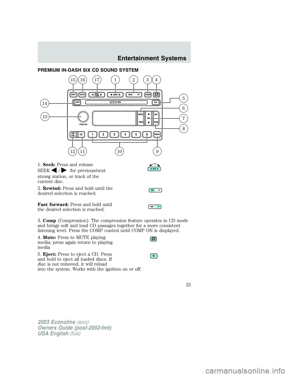 FORD E250 2003  Owners Manual PREMIUM IN-DASH SIX CD SOUND SYSTEM
1.Seek:Press and release
SEEK
/for previous/next
strong station, or track of the
current disc.
2.Rewind:Press and hold until the
desired selection is reached.
Fast 