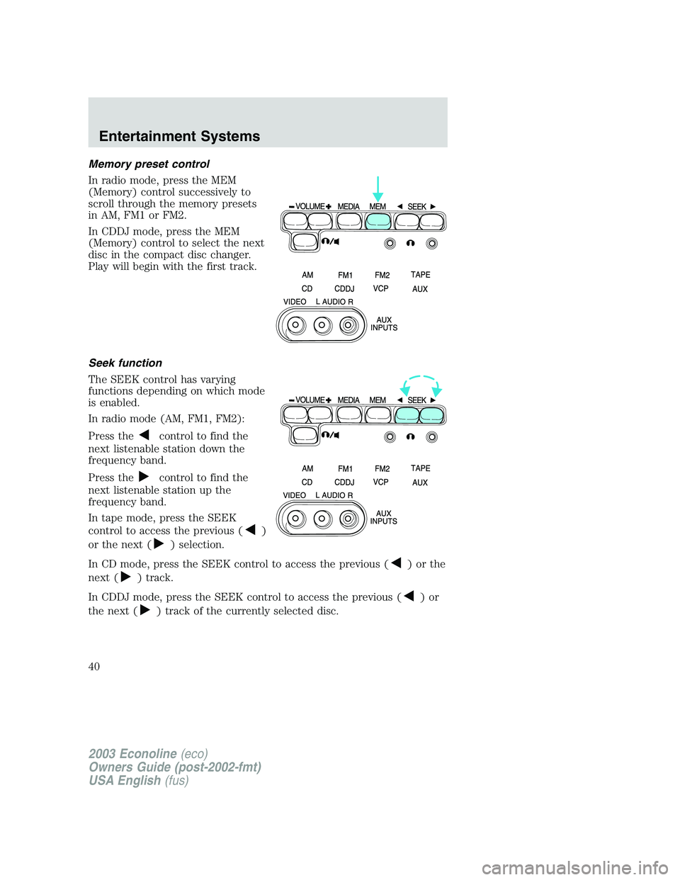 FORD E250 2003  Owners Manual Memory preset control
In radio mode, press the MEM
(Memory) control successively to
scroll through the memory presets
in AM, FM1 or FM2.
In CDDJ mode, press the MEM
(Memory) control to select the next
