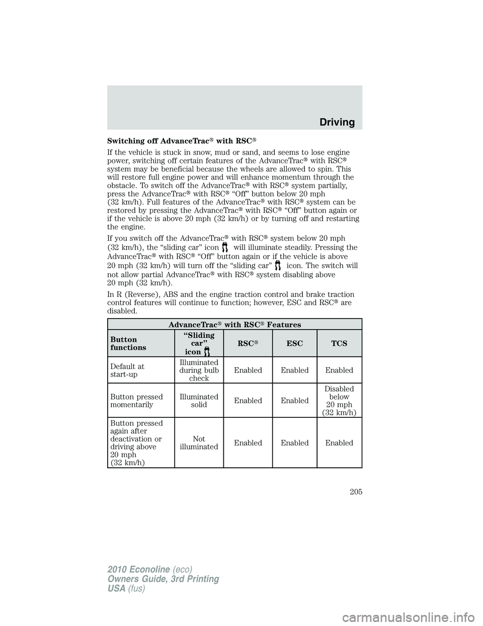 FORD E250 2010  Owners Manual Switching off AdvanceTracwith RSC
If the vehicle is stuck in snow, mud or sand, and seems to lose engine
power, switching off certain features of the AdvanceTracwith RSC
system may be beneficial b