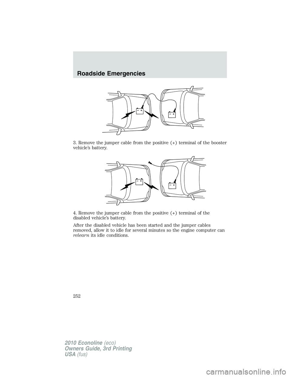 FORD E250 2010  Owners Manual 3. Remove the jumper cable from the positive (+) terminal of the booster
vehicle’s battery.
4. Remove the jumper cable from the positive (+) terminal of the
disabled vehicle’s battery.
After the d