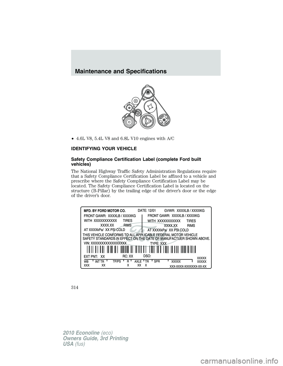 FORD E250 2010  Owners Manual •4.6L V8, 5.4L V8 and 6.8L V10 engines with A/C
IDENTIFYING YOUR VEHICLE
Safety Compliance Certification Label (complete Ford built
vehicles)
The National Highway Traffic Safety Administration Regul