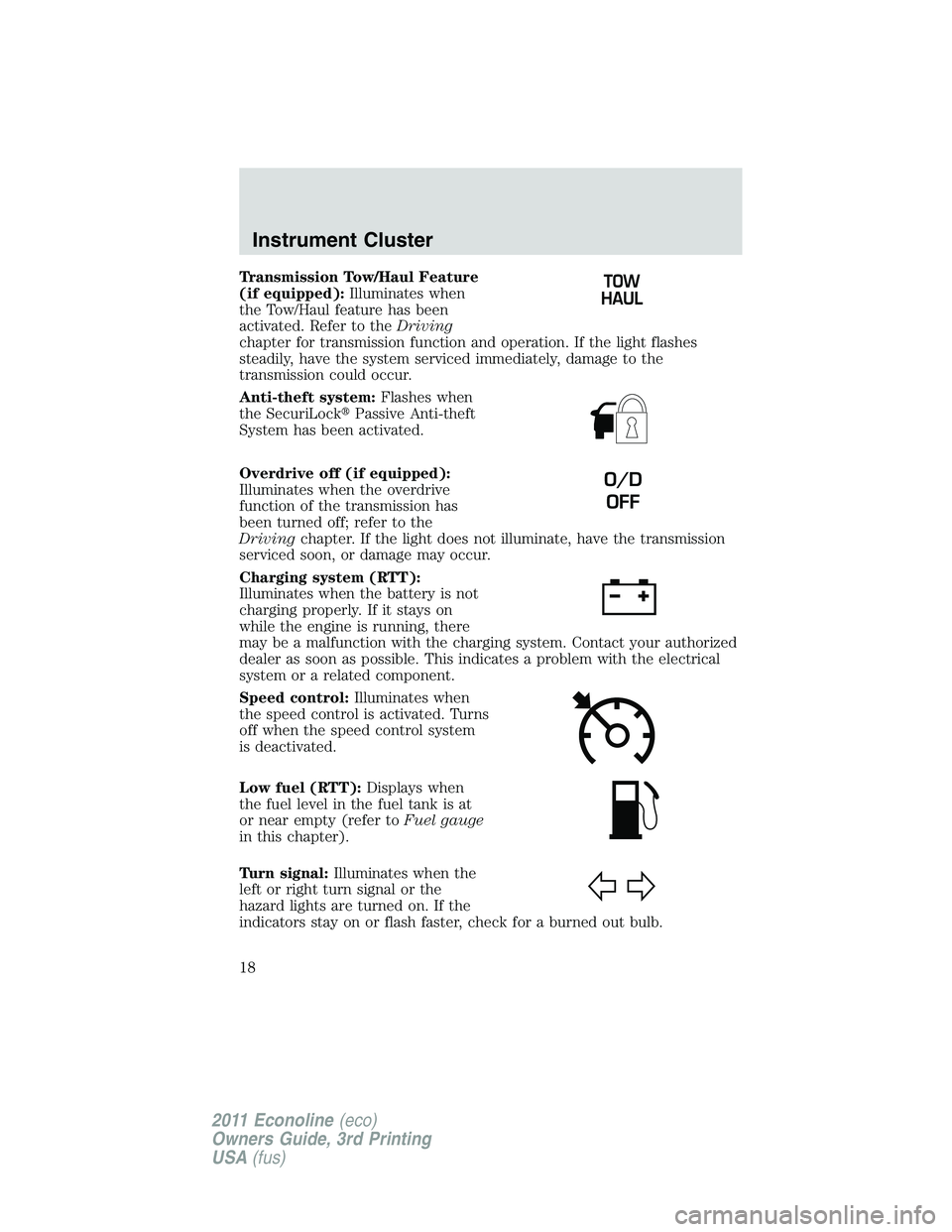 FORD E250 2011  Owners Manual Transmission Tow/Haul Feature
(if equipped):Illuminates when
the Tow/Haul feature has been
activated. Refer to theDriving
chapter for transmission function and operation. If the light flashes
steadily