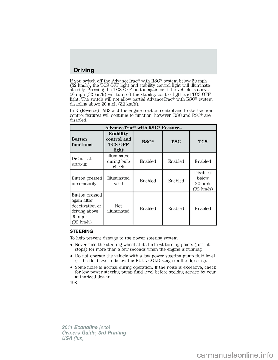 FORD E250 2011 Owners Manual If you switch off the AdvanceTracwith RSCsystem below 20 mph
(32 km/h), the TCS OFF light and stability control light will illuminate
steadily. Pressing the TCS OFF button again or if the vehicle is FORD E250 2011 Owners Manual If you switch off the AdvanceTracwith RSCsystem below 20 mph
(32 km/h), the TCS OFF light and stability control light will illuminate
steadily. Pressing the TCS OFF button again or if the vehicle is