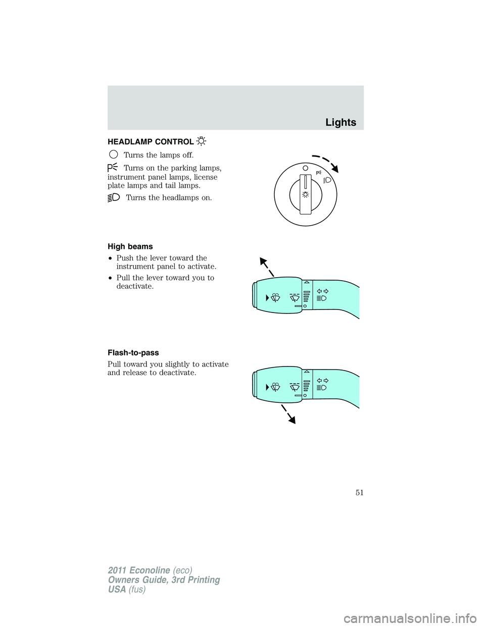 FORD E250 2011  Owners Manual HEADLAMP CONTROL
Turns the lamps off.
Turns on the parking lamps,
instrument panel lamps, license
plate lamps and tail lamps.
Turns the headlamps on.
High beams
•Push the lever toward the
instrument