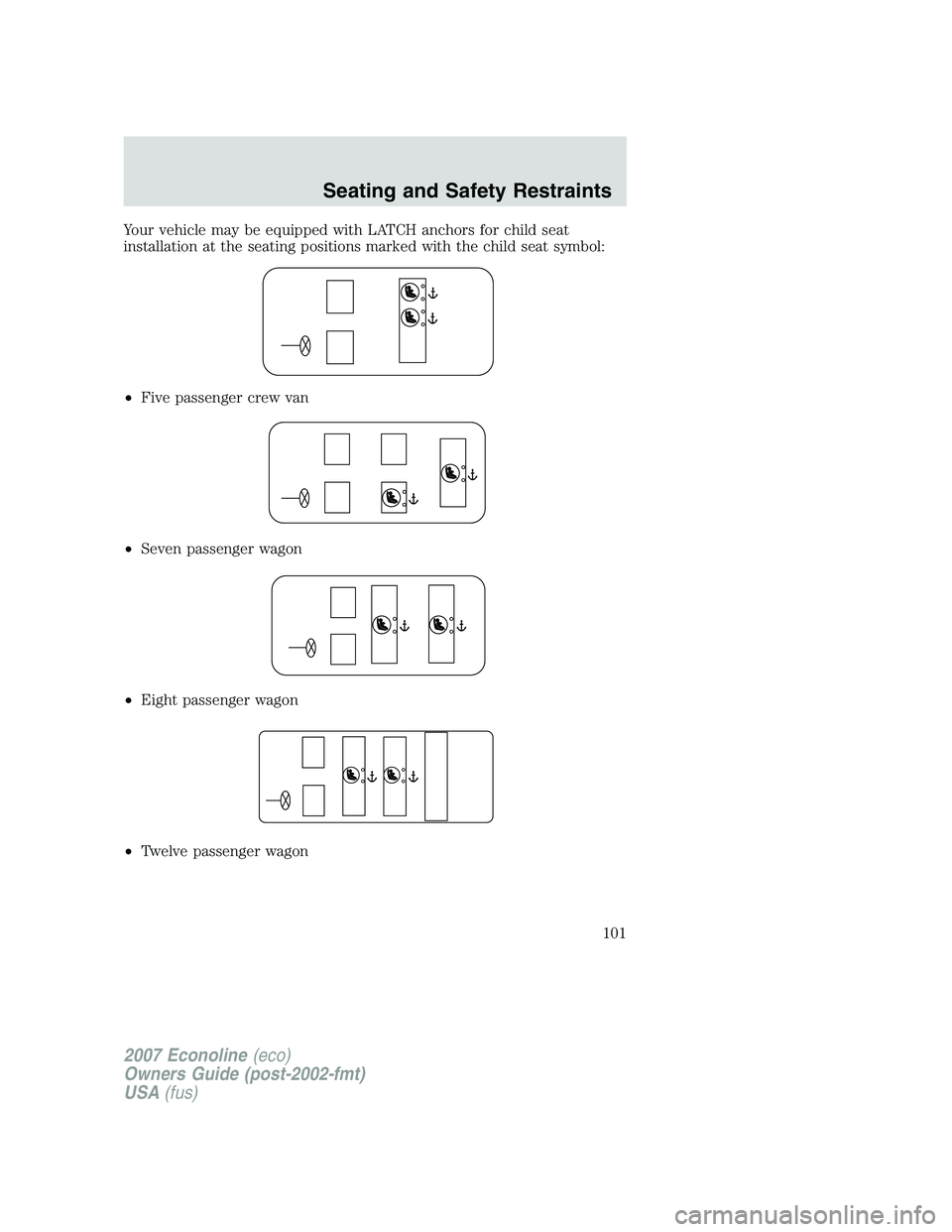 FORD E350 2007  Owners Manual Your vehicle may be equipped with LATCH anchors for child seat
installation at the seating positions marked with the child seat symbol:
•Five passenger crew van
•Seven passenger wagon
•Eight pas