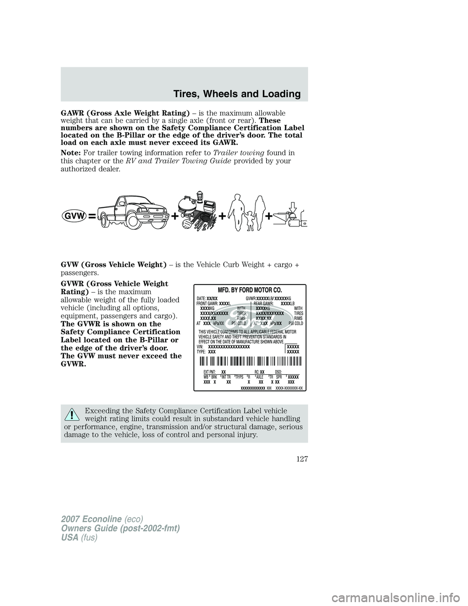 FORD E350 2007  Owners Manual GAWR (Gross Axle Weight Rating)– is the maximum allowable
weight that can be carried by a single axle (front or rear).These
numbers are shown on the Safety Compliance Certification Label
located on 