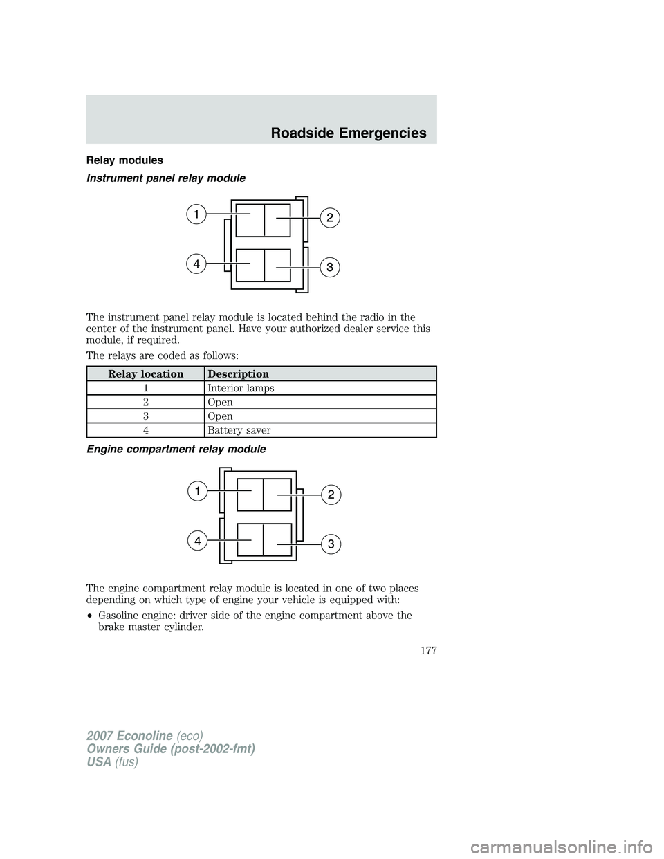 FORD E350 2007  Owners Manual Relay modules
Instrument panel relay module
The instrument panel relay module is located behind the radio in the
center of the instrument panel. Have your authorized dealer service this
module, if req