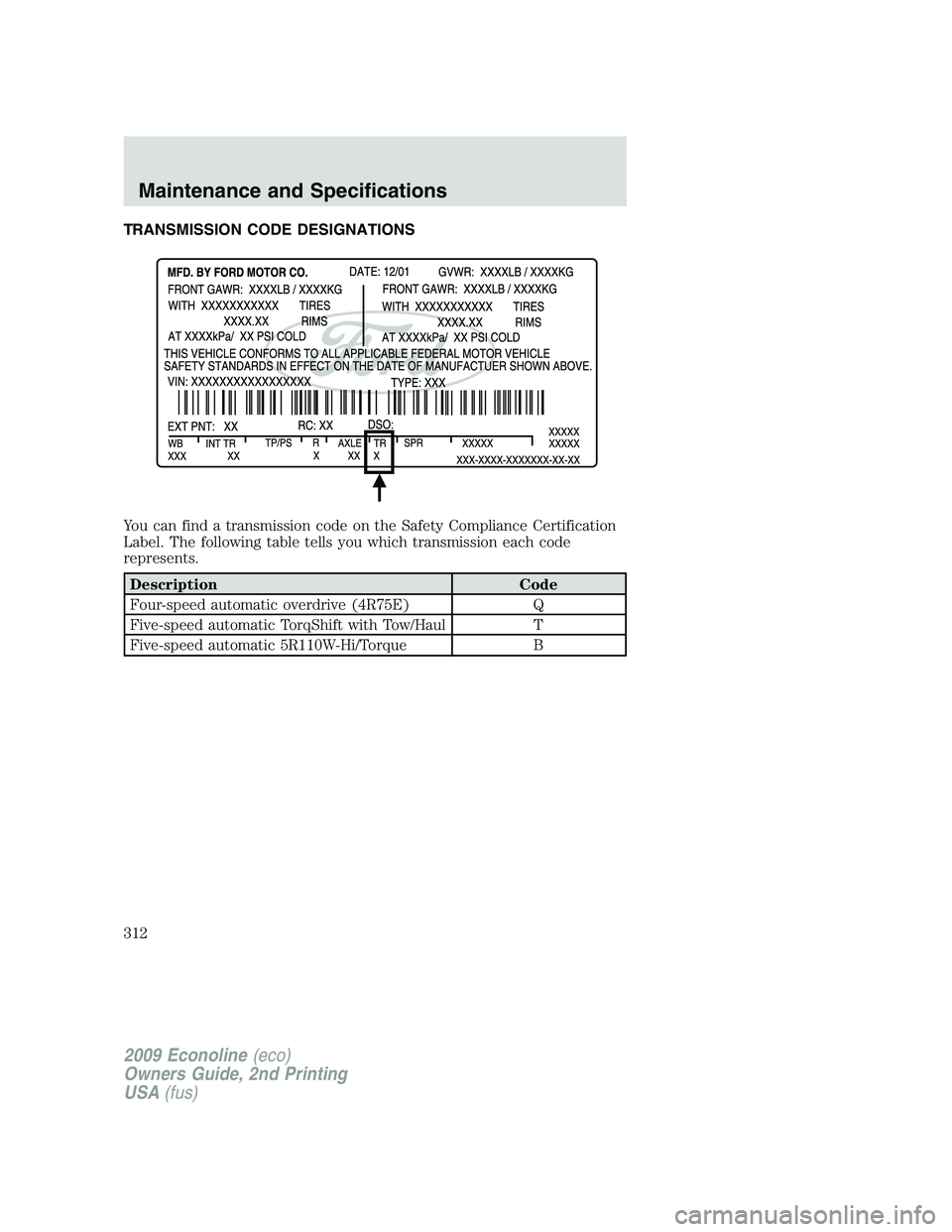 FORD E350 2009  Owners Manual TRANSMISSION CODE DESIGNATIONS
You can find a transmission code on the Safety Compliance Certification
Label. The following table tells you which transmission each code
represents.
Description Code
Fo