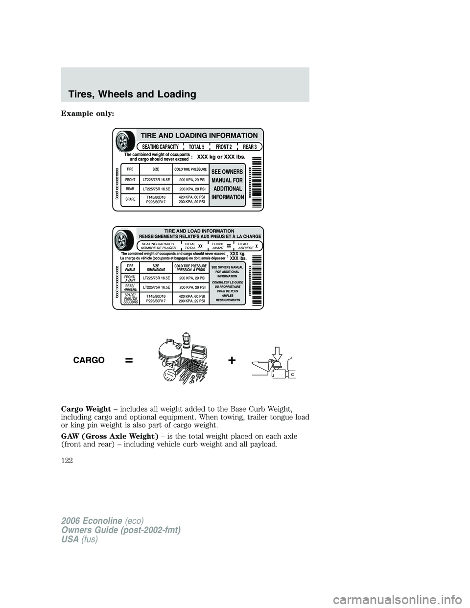 FORD E450 2006  Owners Manual Example only:
Cargo Weight– includes all weight added to the Base Curb Weight,
including cargo and optional equipment. When towing, trailer tongue load
or king pin weight is also part of cargo weigh