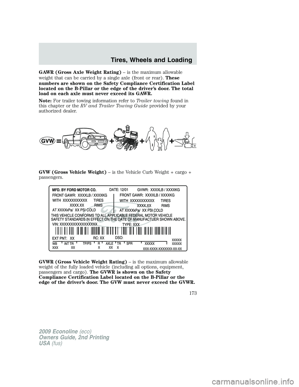 FORD E450 2009  Owners Manual GAWR (Gross Axle Weight Rating)– is the maximum allowable
weight that can be carried by a single axle (front or rear).These
numbers are shown on the Safety Compliance Certification Label
located on 