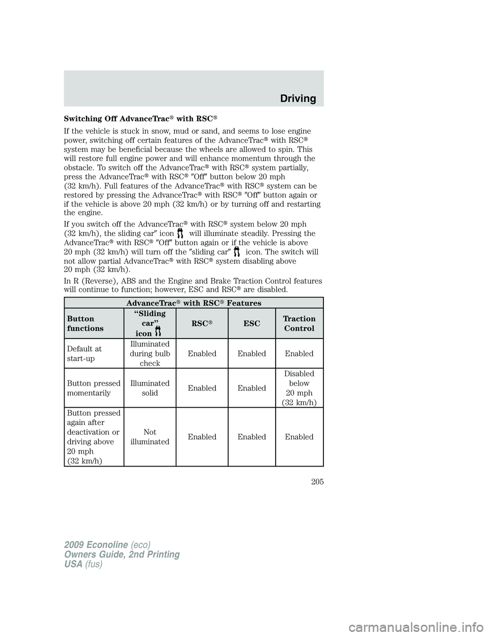 FORD E450 2009 Owners Manual Switching Off AdvanceTracwith RSC
If the vehicle is stuck in snow, mud or sand, and seems to lose engine
power, switching off certain features of the AdvanceTracwith RSC
system may be beneficial b FORD E450 2009 Owners Manual Switching Off AdvanceTracwith RSC
If the vehicle is stuck in snow, mud or sand, and seems to lose engine
power, switching off certain features of the AdvanceTracwith RSC
system may be beneficial b