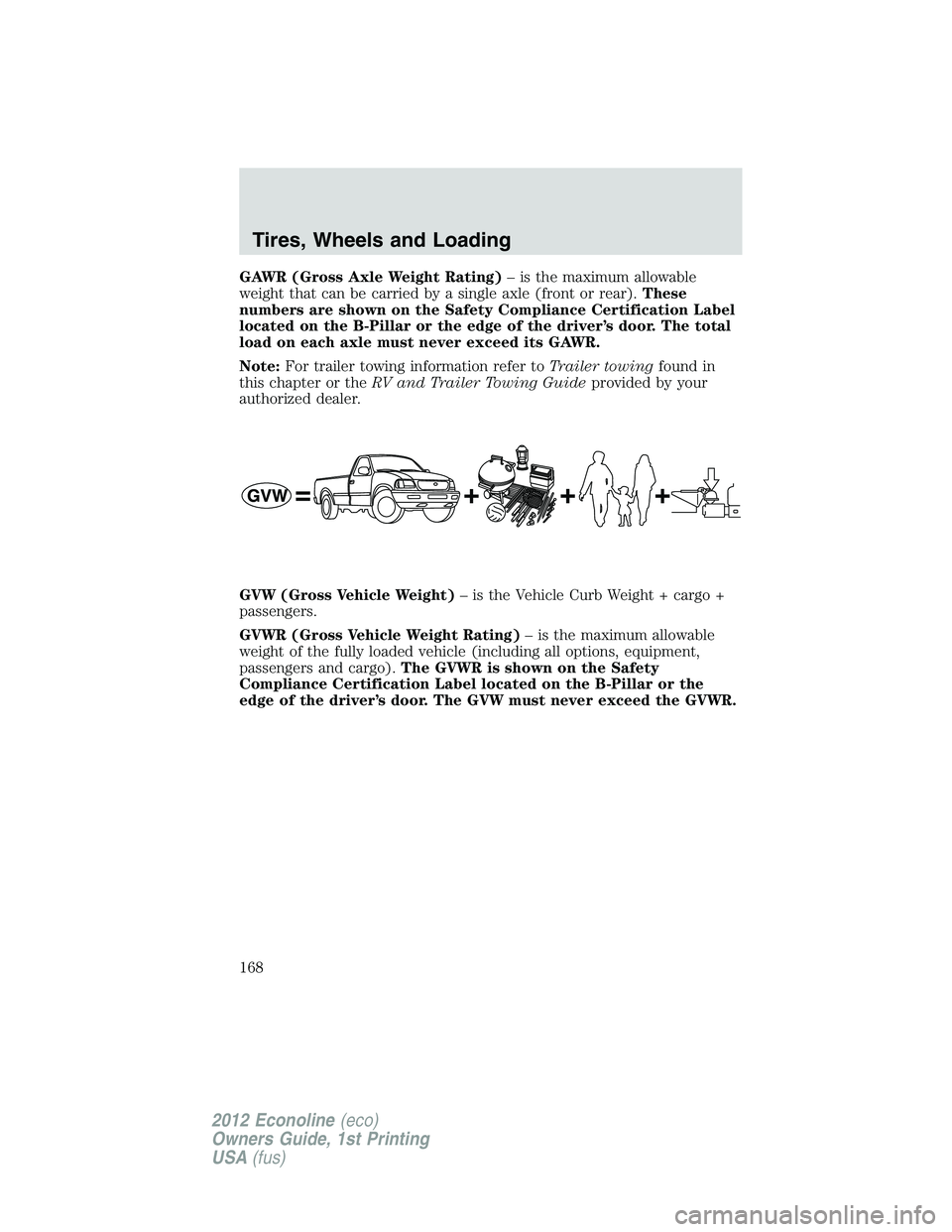 FORD E450 2012  Owners Manual GAWR (Gross Axle Weight Rating)– is the maximum allowable
weight that can be carried by a single axle (front or rear).These
numbers are shown on the Safety Compliance Certification Label
located on 