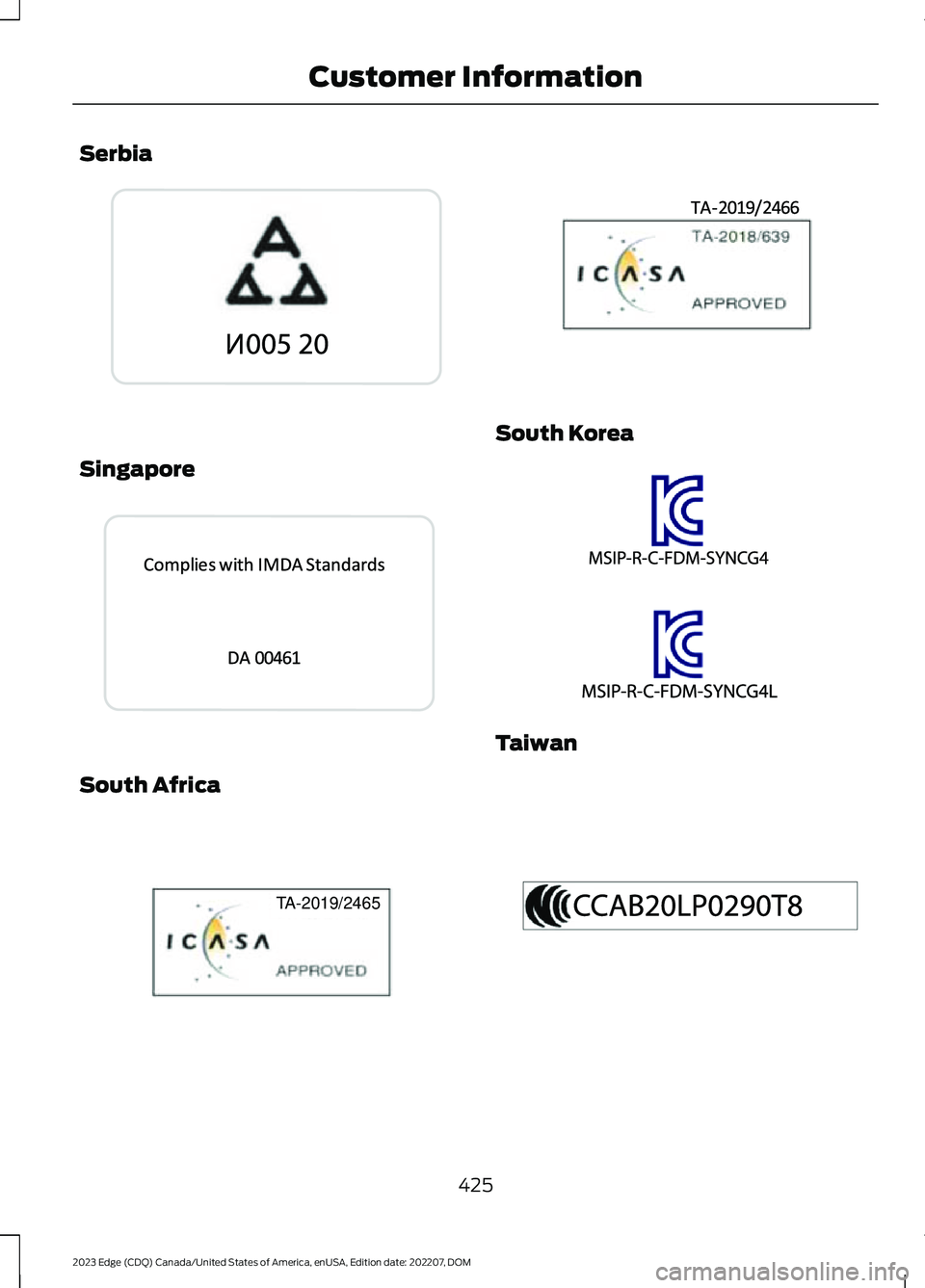 FORD EDGE 2023  Owners Manual Serbia
Singapore
South Africa
South Korea
Taiwan
425
2023 Edge (CDQ) Canada/United States of America, enUSA, Edition date: 202207, DOMCustomer InformationE342403  E339940   TA-2019/2465E342404  E34251