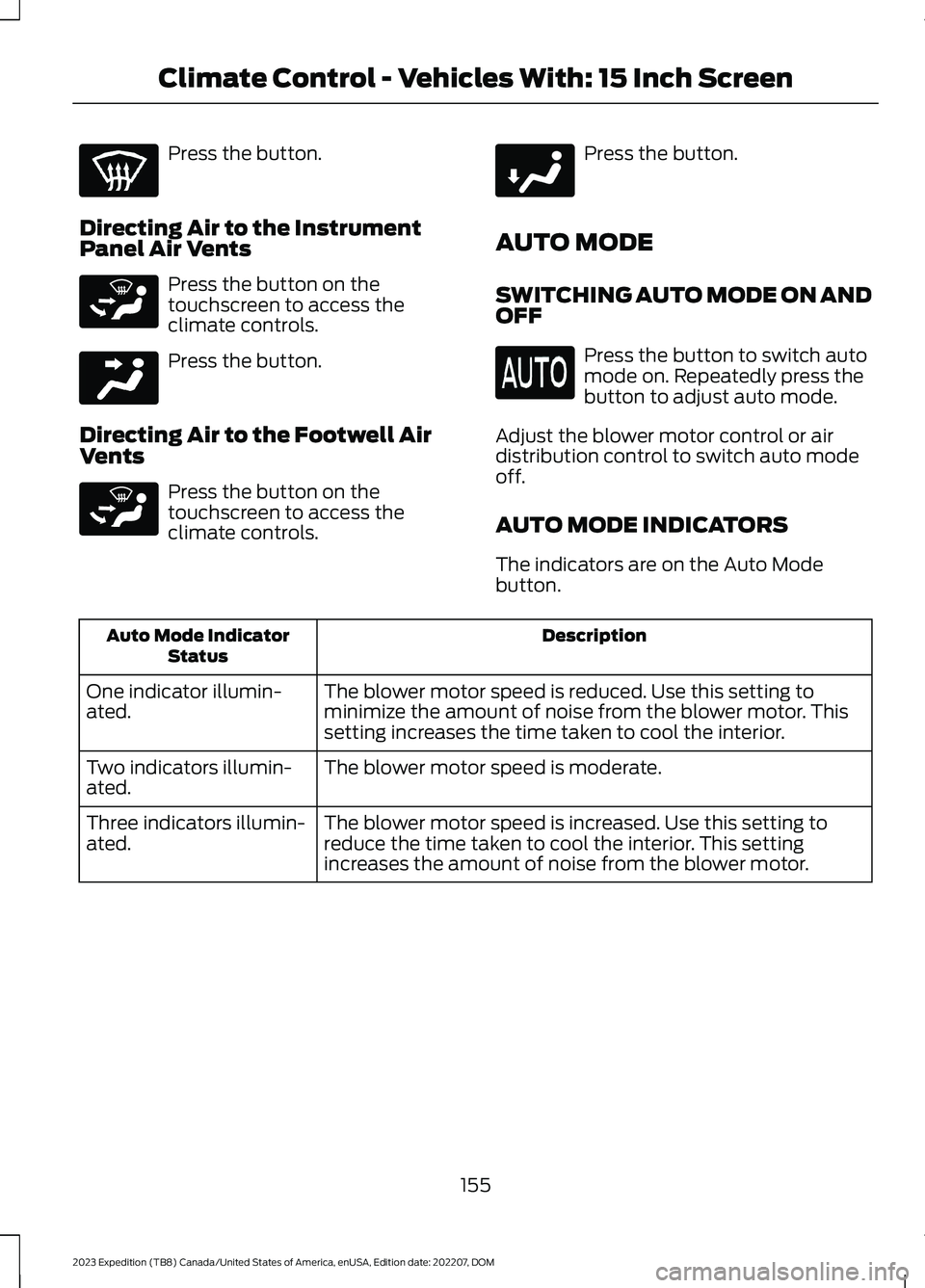 FORD EXPEDITION 2023  Owners Manual Press the button.
Directing Air to the InstrumentPanel Air Vents
Press the button on thetouchscreen to access theclimate controls.
Press the button.
Directing Air to the Footwell AirVents
Press the bu