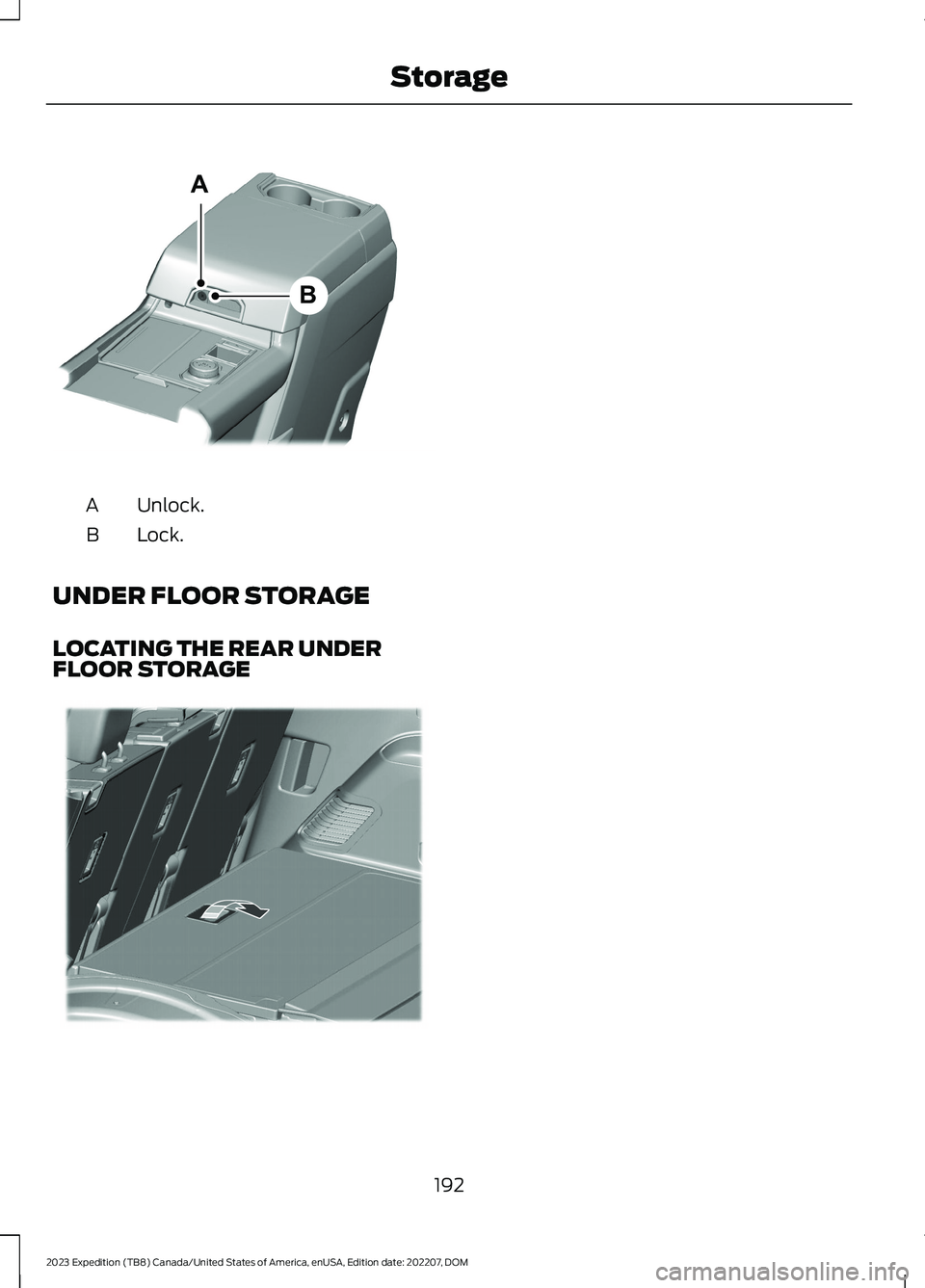 FORD EXPEDITION 2023  Owners Manual Unlock.A
Lock.B
UNDER FLOOR STORAGE
LOCATING THE REAR UNDERFLOOR STORAGE
192
2023 Expedition (TB8) Canada/United States of America, enUSA, Edition date: 202207, DOMStorageABE351262  E359323   