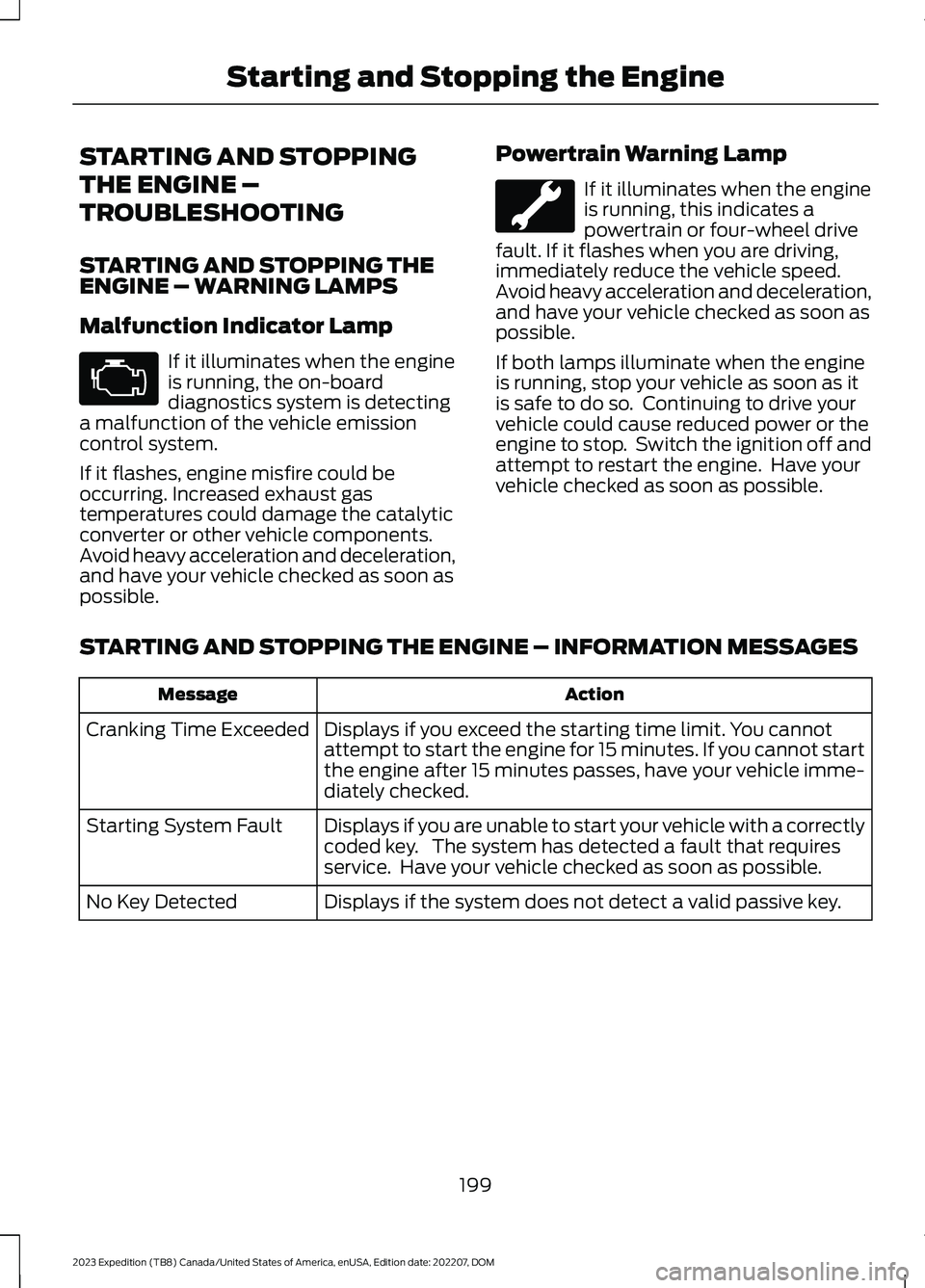 FORD EXPEDITION 2023  Owners Manual STARTING AND STOPPING
THE ENGINE –
TROUBLESHOOTING
STARTING AND STOPPING THEENGINE – WARNING LAMPS
Malfunction Indicator Lamp
If it illuminates when the engineis running, the on-boarddiagnostics s