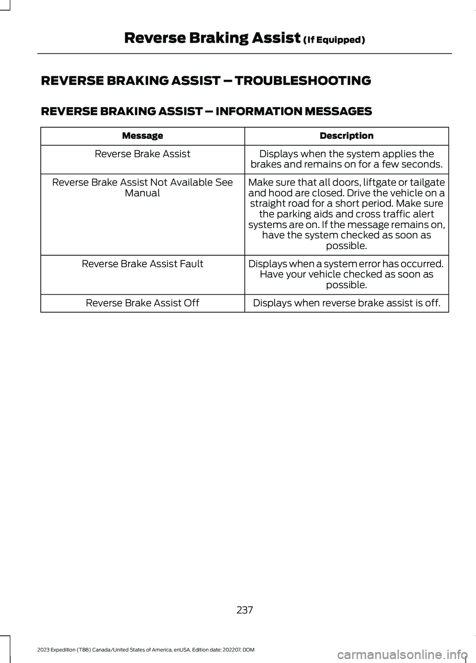 FORD EXPEDITION 2023  Owners Manual REVERSE BRAKING ASSIST – TROUBLESHOOTING
REVERSE BRAKING ASSIST – INFORMATION MESSAGES
DescriptionMessage
Displays when the system applies thebrakes and remains on for a few seconds.Reverse Brake 