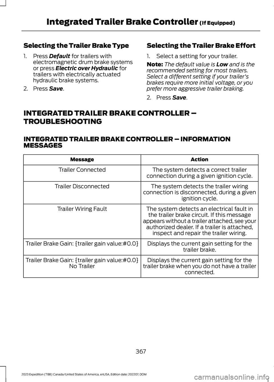 FORD EXPEDITION 2023 Owners Manual Selecting the Trailer Brake Type
1.Press Default for trailers withelectromagnetic drum brake systemsor press Electric over Hydraulic fortrailers with electrically actuatedhydraulic brake systems.
2.Pr FORD EXPEDITION 2023 Owners Manual Selecting the Trailer Brake Type
1.Press Default for trailers withelectromagnetic drum brake systemsor press Electric over Hydraulic fortrailers with electrically actuatedhydraulic brake systems.
2.Pr