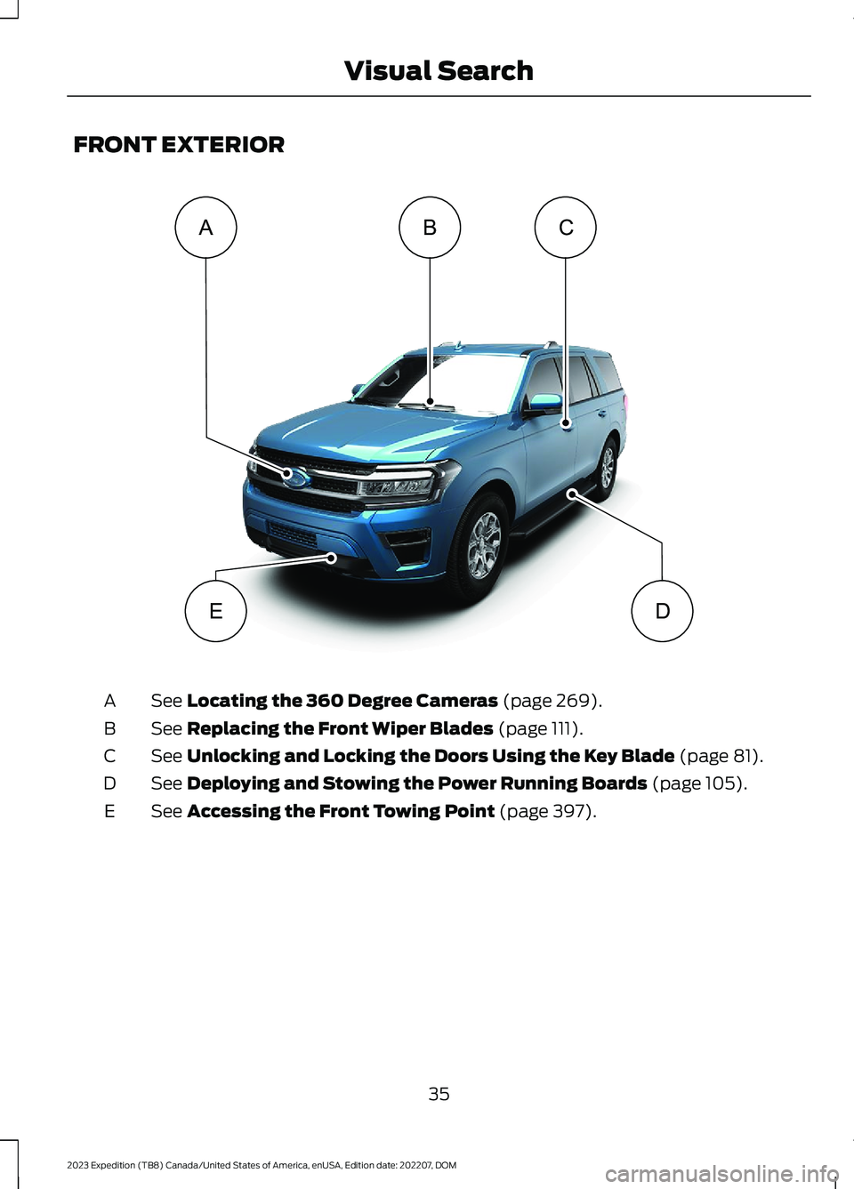 FORD EXPEDITION 2023  Owners Manual FRONT EXTERIOR
See Locating the 360 Degree Cameras (page 269).A
See Replacing the Front Wiper Blades (page 111).B
See Unlocking and Locking the Doors Using the Key Blade (page 81).C
See Deploying and 