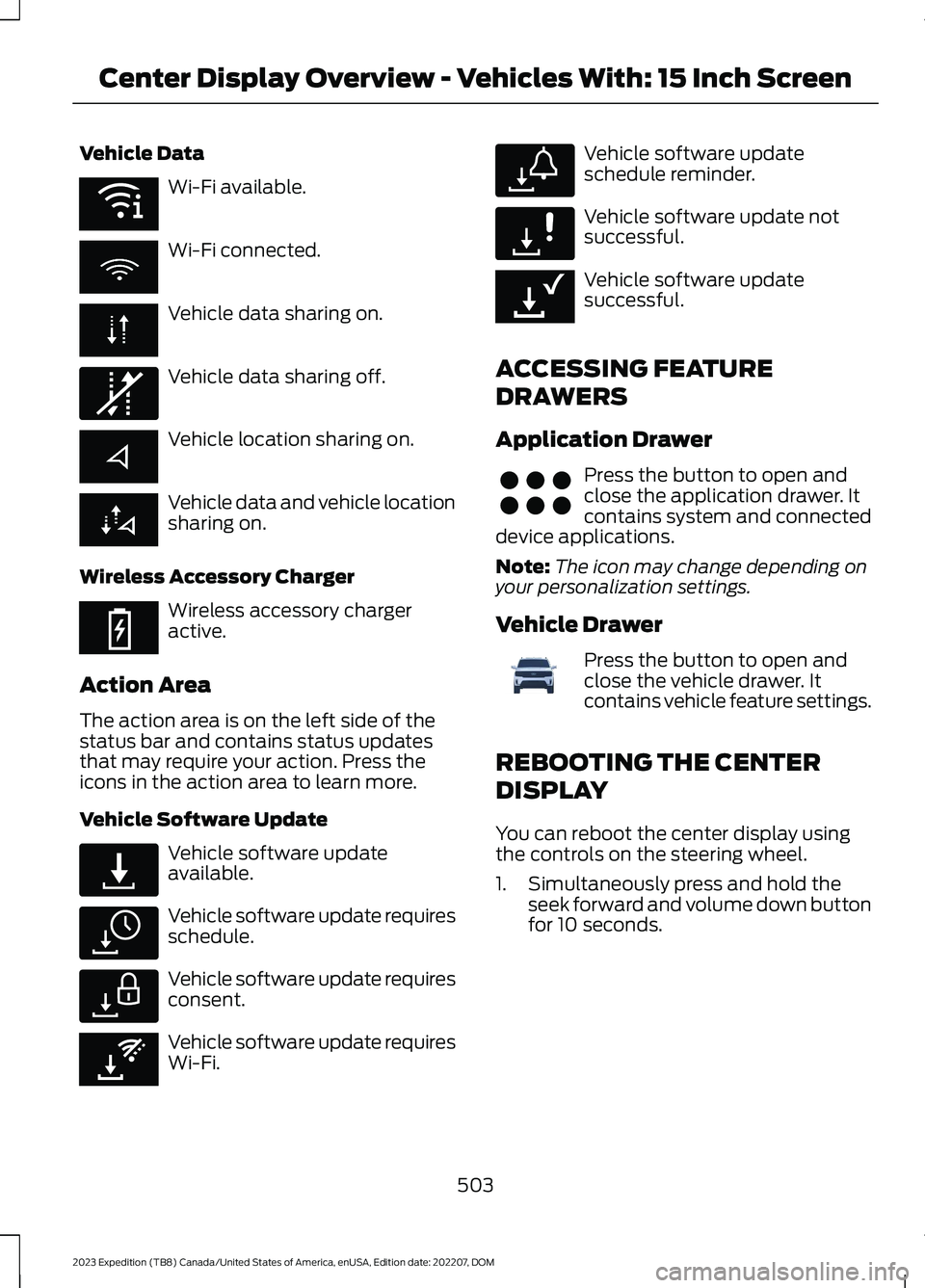FORD EXPEDITION 2023  Owners Manual Vehicle Data
Wi-Fi available.
Wi-Fi connected.
Vehicle data sharing on.
Vehicle data sharing off.
Vehicle location sharing on.
Vehicle data and vehicle locationsharing on.
Wireless Accessory Charger
W