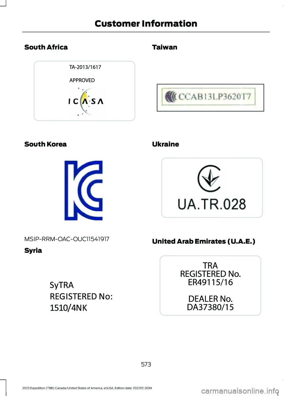 FORD EXPEDITION 2023  Owners Manual South Africa
South Korea
MSIP-RRM-OAC-OUC11541917
Syria
Taiwan
Ukraine
United Arab Emirates (U.A.E.)
573
2023 Expedition (TB8) Canada/United States of America, enUSA, Edition date: 202207, DOMCustomer