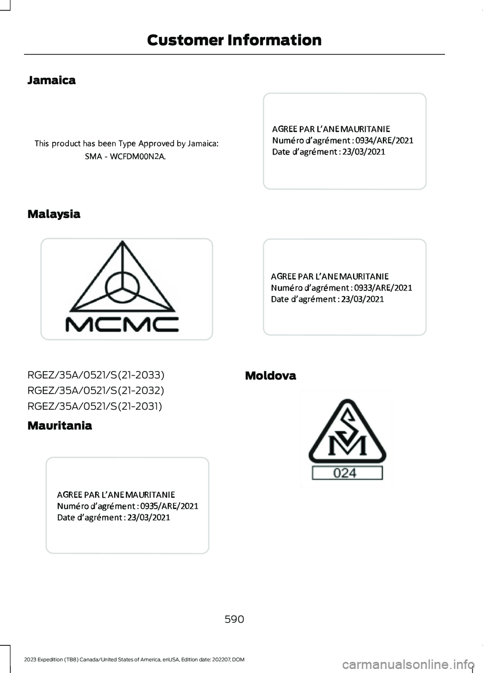 FORD EXPEDITION 2023  Owners Manual Jamaica
Malaysia
RGEZ/35A/0521/S(21-2033)
RGEZ/35A/0521/S(21-2032)
RGEZ/35A/0521/S(21-2031)
Mauritania
Moldova
590
2023 Expedition (TB8) Canada/United States of America, enUSA, Edition date: 202207, D