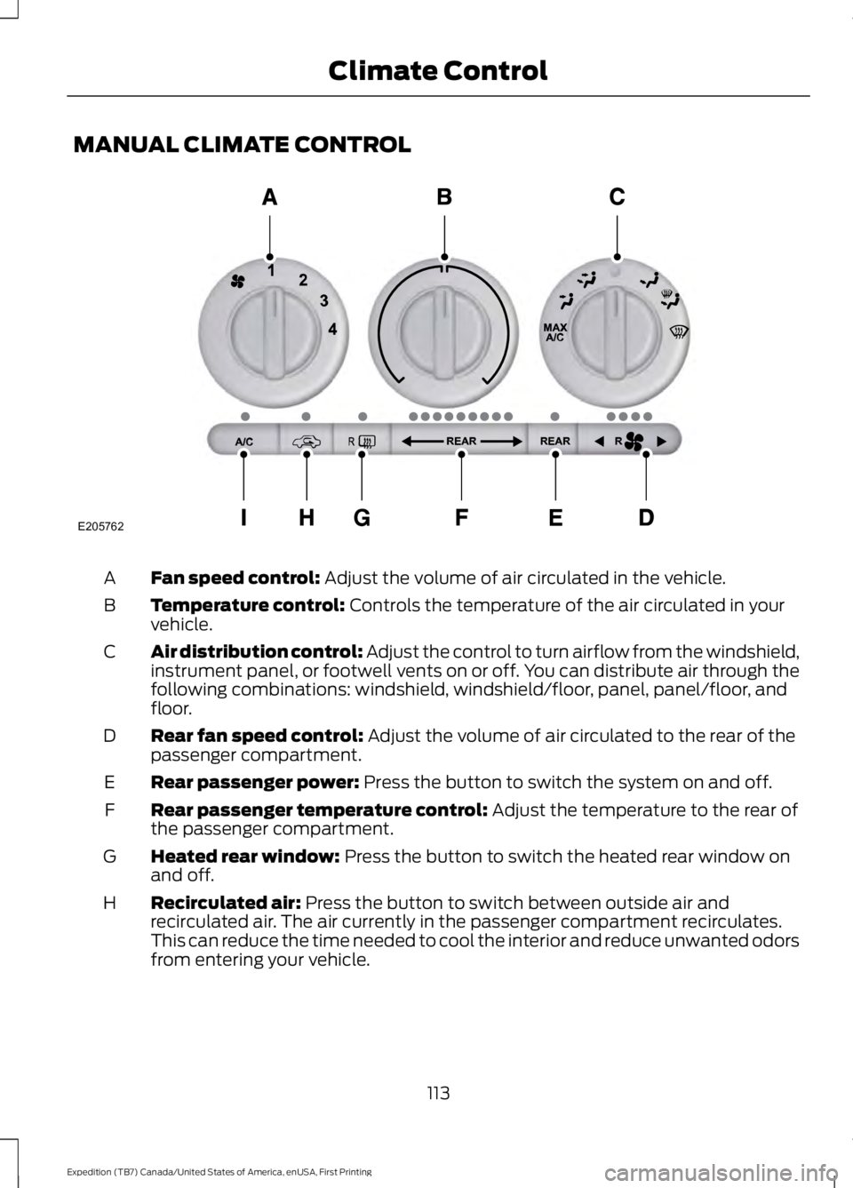 FORD EXPEDITION EL 2016 Owners Manual MANUAL CLIMATE CONTROL
Fan speed control: Adjust the volume of air circulated in the vehicle.A
Temperature control: Controls the temperature of the air circulated in yourvehicle.B
Air distribution con FORD EXPEDITION EL 2016 Owners Manual MANUAL CLIMATE CONTROL
Fan speed control: Adjust the volume of air circulated in the vehicle.A
Temperature control: Controls the temperature of the air circulated in yourvehicle.B
Air distribution con