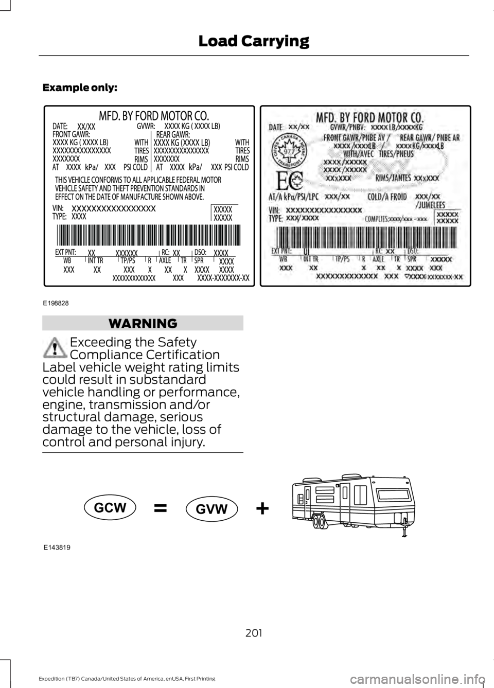 FORD EXPEDITION EL 2016  Owners Manual Example only:
WARNING
Exceeding the SafetyCompliance CertificationLabel vehicle weight rating limitscould result in substandardvehicle handling or performance,engine, transmission and/orstructural dam